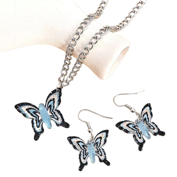 Blue/Gray Resin Butterfly Charm Necklace and Earring Set - Picture 1 of 3